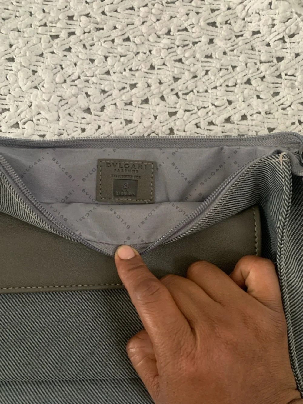 BVLGARI Emirates Gray Canvas and brown Flap Cosmetic Pouch